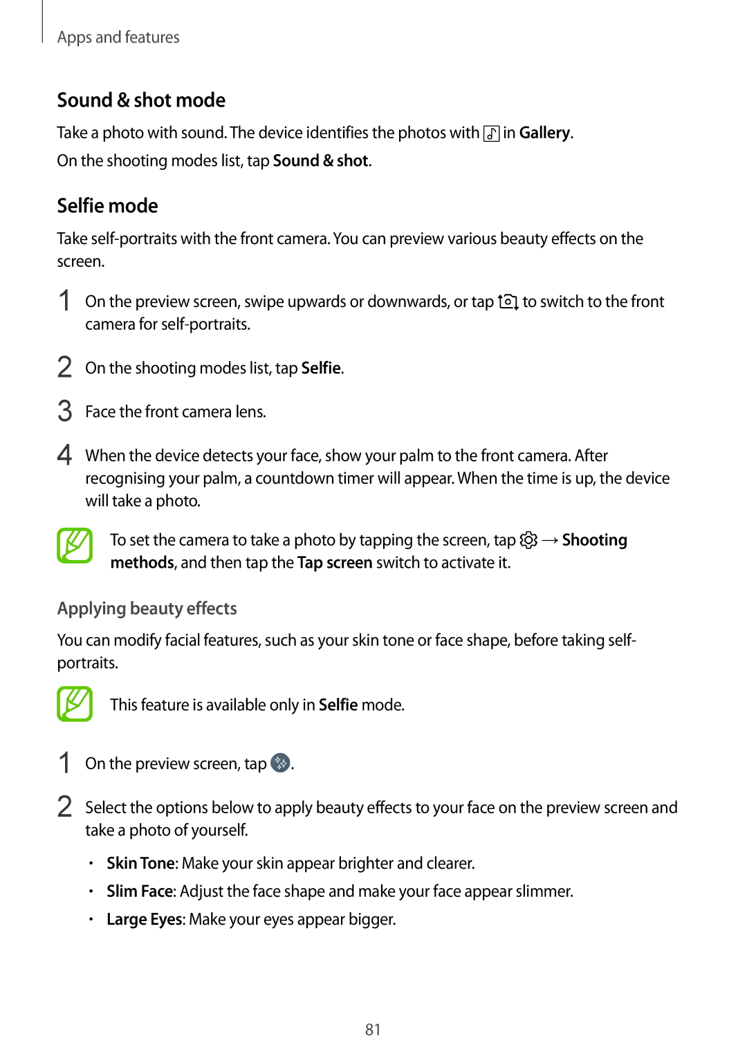 Samsung SM-J720FZKDKSA, SM-J720FZDDKSA, SM-J720FZVDKSA manual Sound & shot mode, Selfie mode, Applying beauty effects 