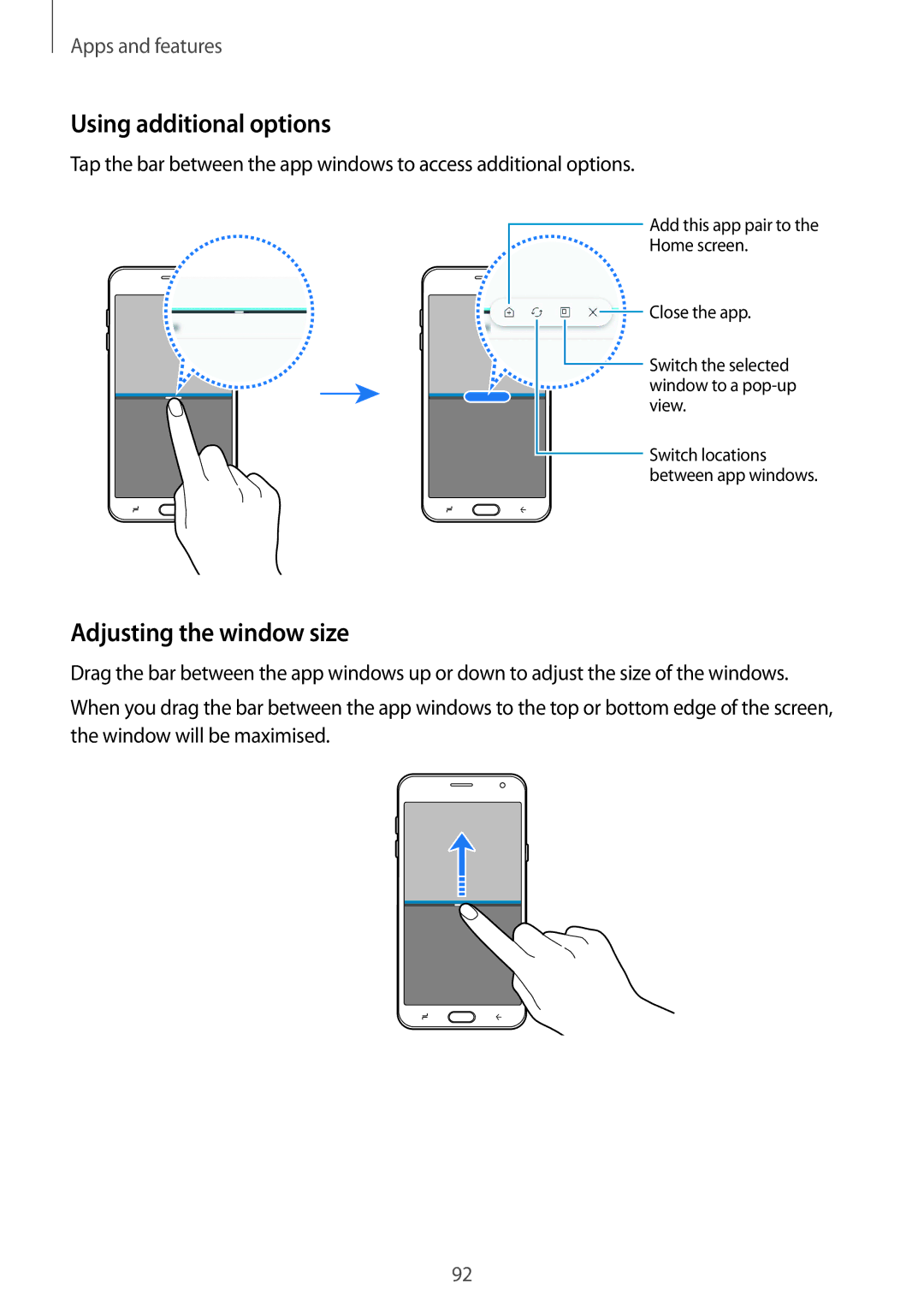 Samsung SM-J720FZVDKSA, SM-J720FZKDKSA, SM-J720FZDDKSA manual Using additional options, Adjusting the window size 