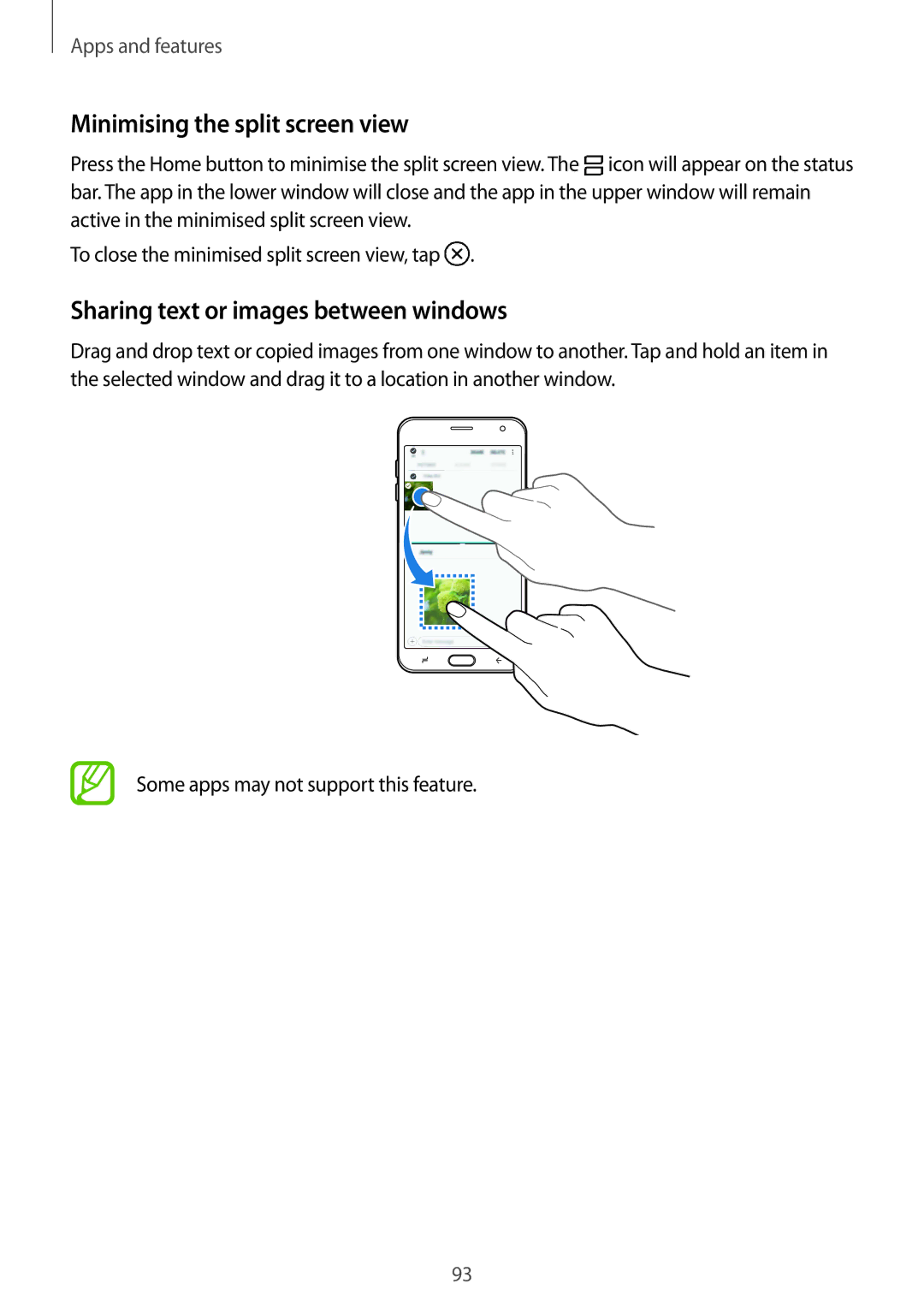 Samsung SM-J720FZKDKSA, SM-J720FZDDKSA manual Minimising the split screen view, Sharing text or images between windows 