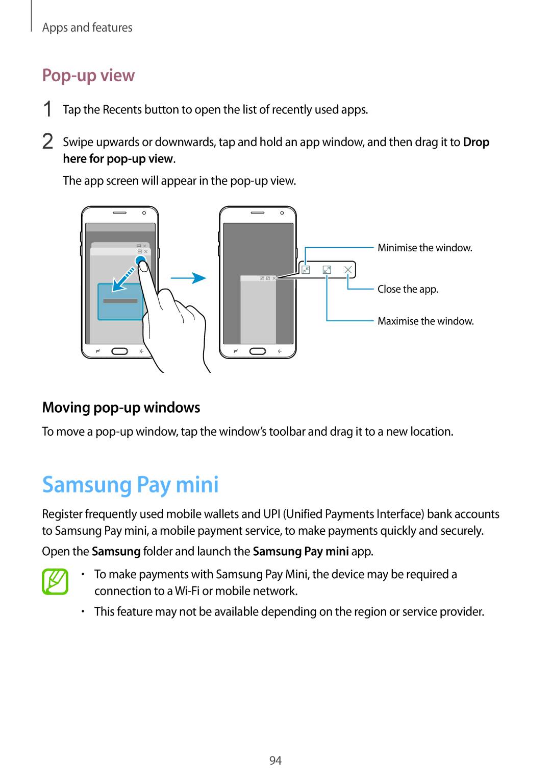 Samsung SM-J720FZDDKSA, SM-J720FZKDKSA manual Samsung Pay mini, Pop-up view, Moving pop-up windows, Here for pop-up view 