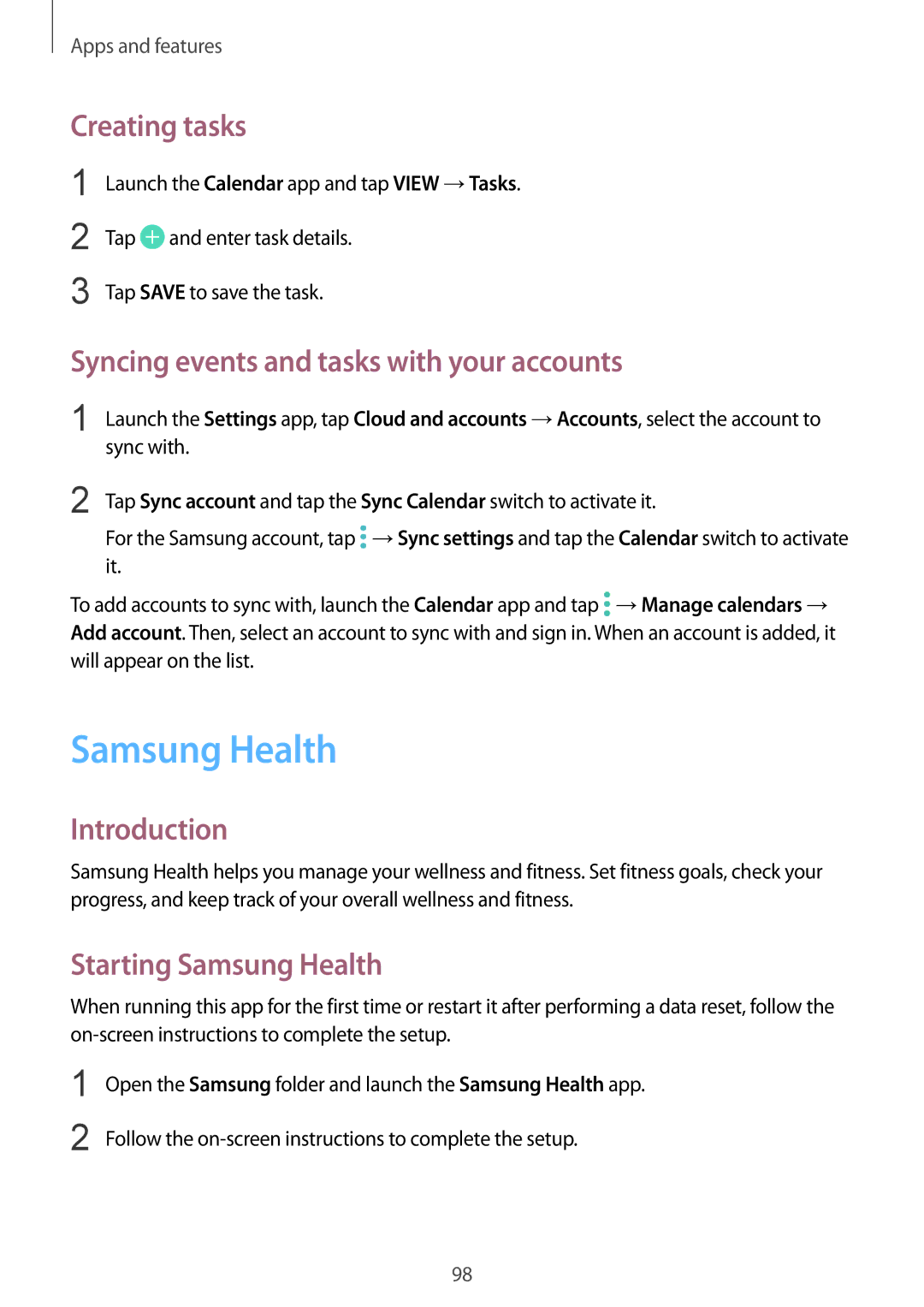 Samsung SM-J720FZVDKSA, SM-J720FZKDKSA manual Samsung Health, Creating tasks, Syncing events and tasks with your accounts 