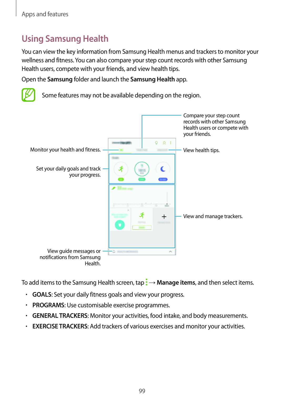 Samsung SM-J720FZKDKSA, SM-J720FZDDKSA, SM-J720FZVDKSA manual Using Samsung Health, Monitor your health and fitness 