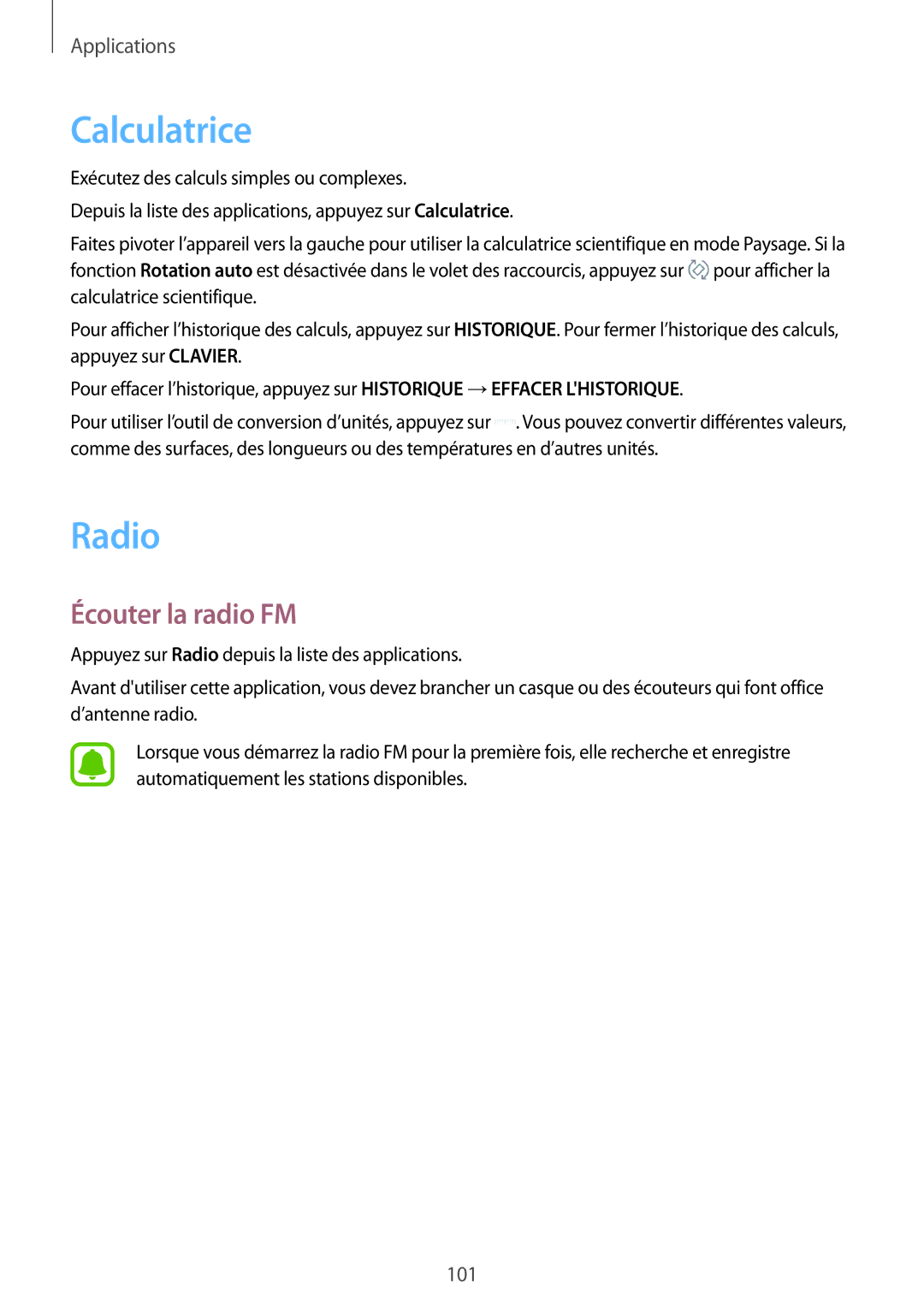 Samsung SM-J530FZKAXEF, SM-J730FZDDXEF, SM-J530FZDAXEF, SM-J730FZSDXEF manual Calculatrice, Radio, Écouter la radio FM 