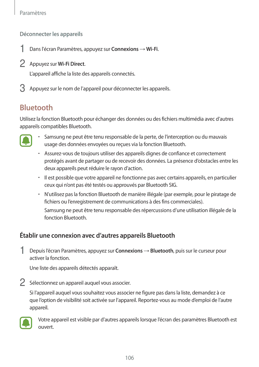 Samsung SM-J730FZKDXEF, SM-J730FZDDXEF, SM-J530FZDAXEF manual Établir une connexion avec d’autres appareils Bluetooth 