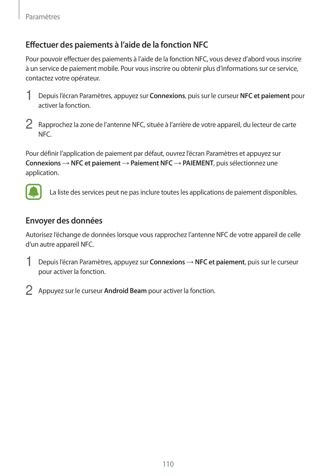 Samsung SM-J730FZSDXEF, SM-J730FZDDXEF manual Effectuer des paiements à l’aide de la fonction NFC, Envoyer des données 