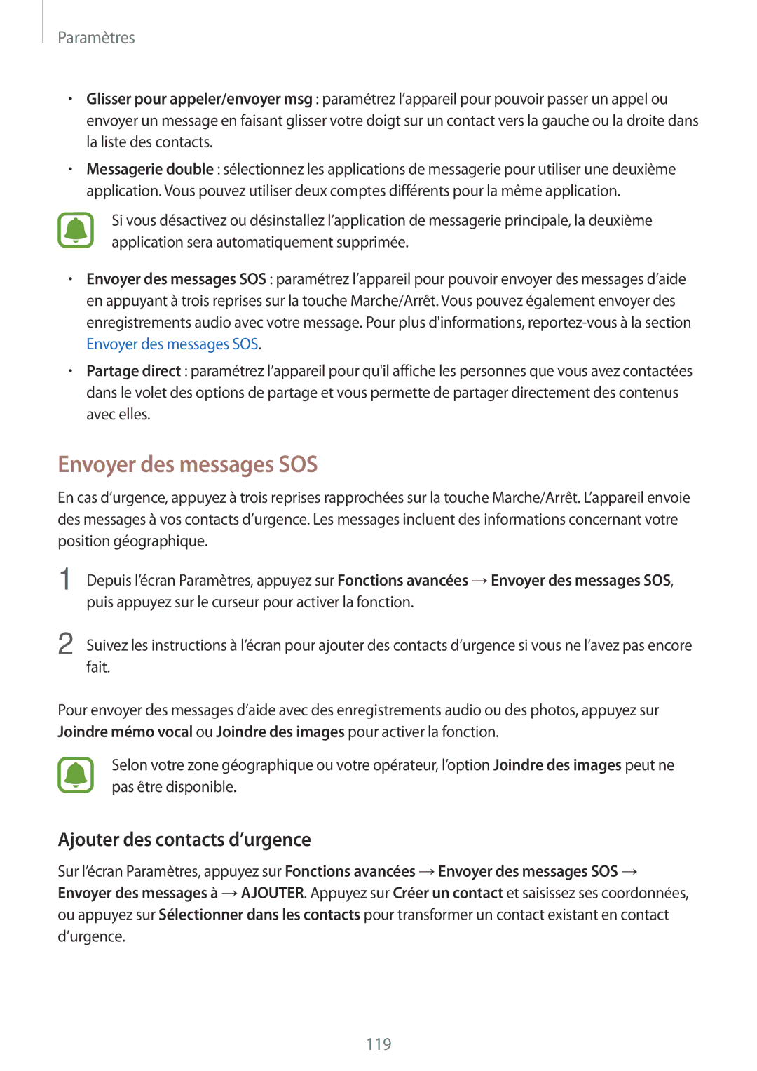 Samsung SM-J530FZKAXEF, SM-J730FZDDXEF, SM-J530FZDAXEF manual Envoyer des messages SOS, Ajouter des contacts d’urgence 