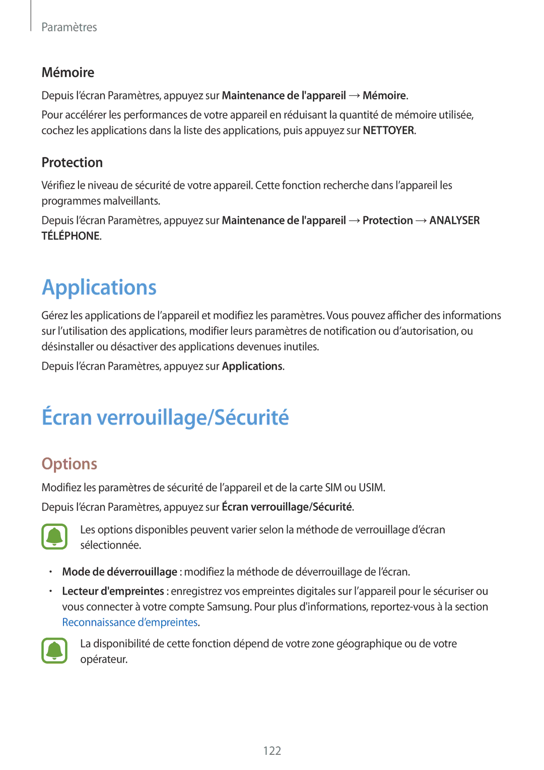 Samsung SM-J730FZSDXEF, SM-J730FZDDXEF, SM-J530FZDAXEF manual Applications, Écran verrouillage/Sécurité, Mémoire, Protection 