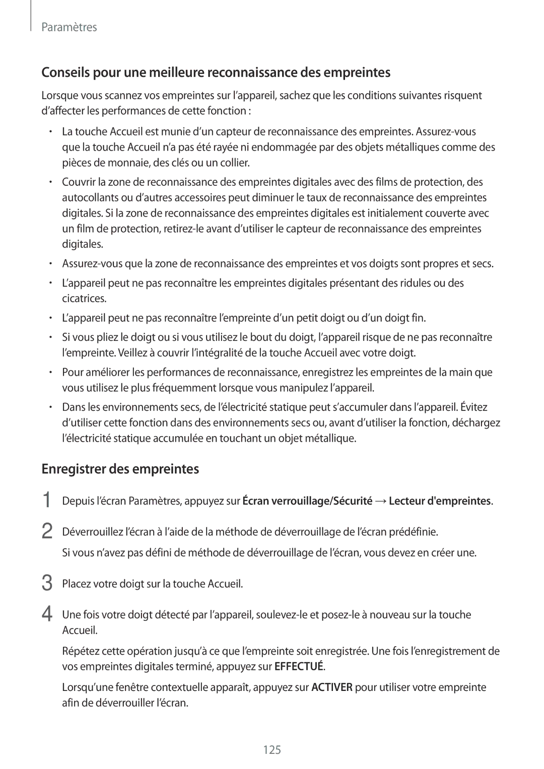 Samsung SM-J530FZKAXEF manual Conseils pour une meilleure reconnaissance des empreintes, Enregistrer des empreintes 