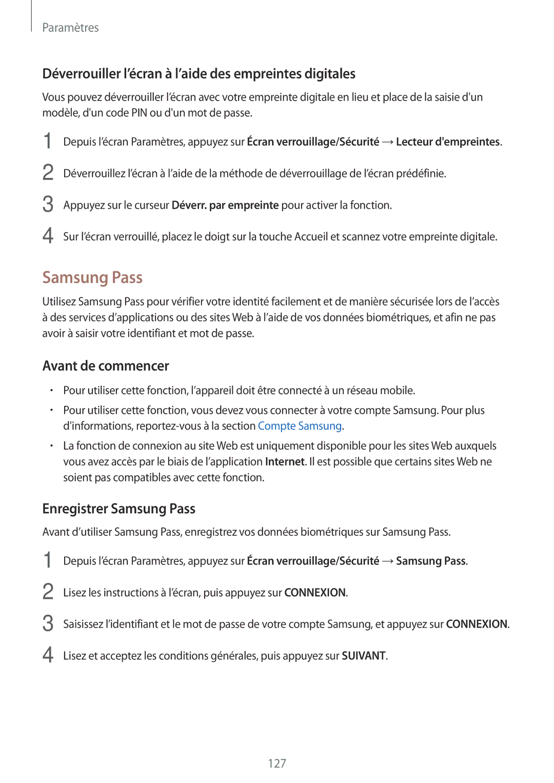 Samsung SM-J530FZDAXEF manual Déverrouiller l’écran à l’aide des empreintes digitales, Enregistrer Samsung Pass 