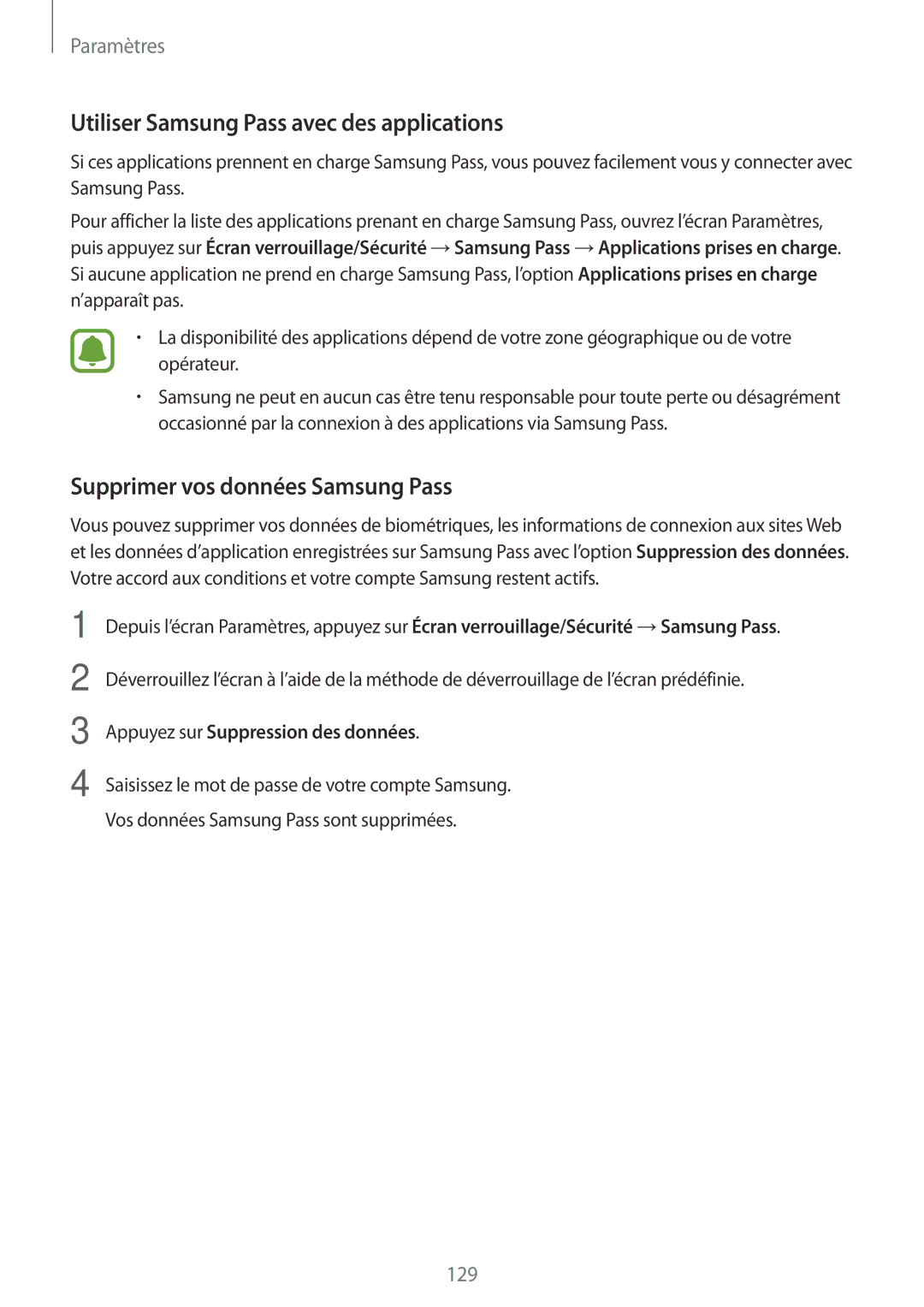 Samsung SM-J530FZSAXEF, SM-J730FZDDXEF Utiliser Samsung Pass avec des applications, Supprimer vos données Samsung Pass 