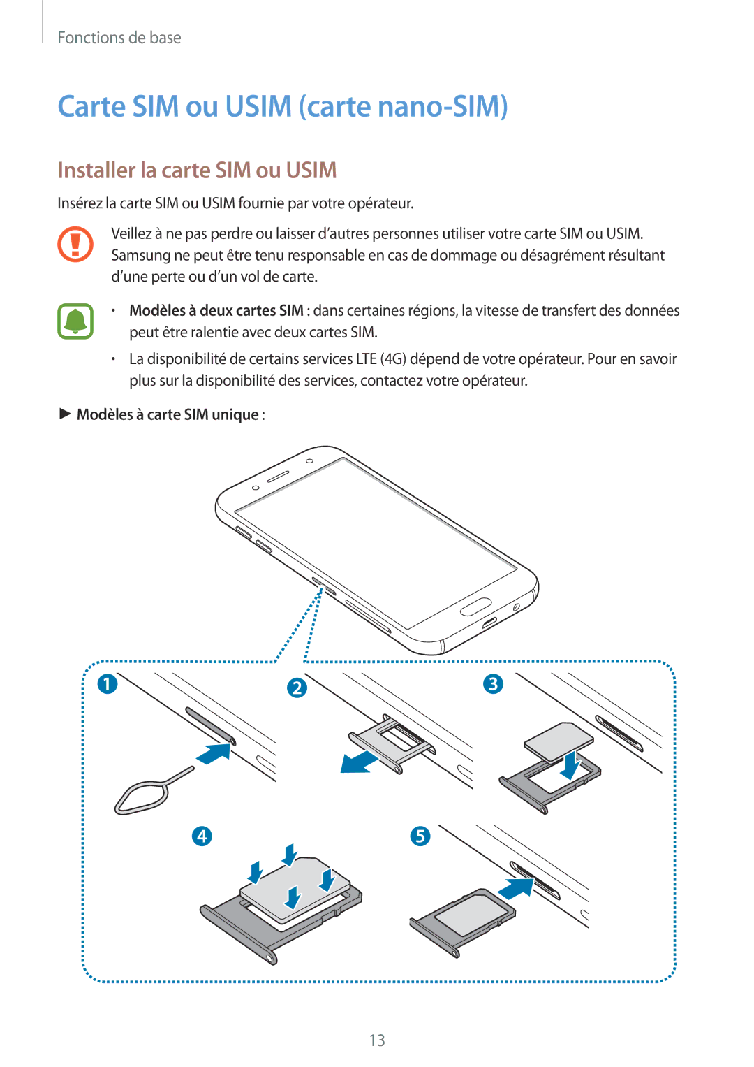 Samsung SM-J530FZDAXEF manual Carte SIM ou Usim carte nano-SIM, Installer la carte SIM ou Usim, Modèles à carte SIM unique 