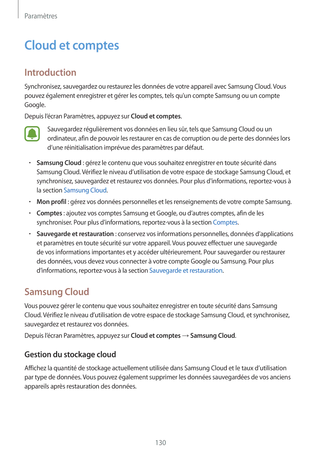 Samsung SM-J730FZKDXEF, SM-J730FZDDXEF, SM-J530FZDAXEF manual Cloud et comptes, Samsung Cloud, Gestion du stockage cloud 