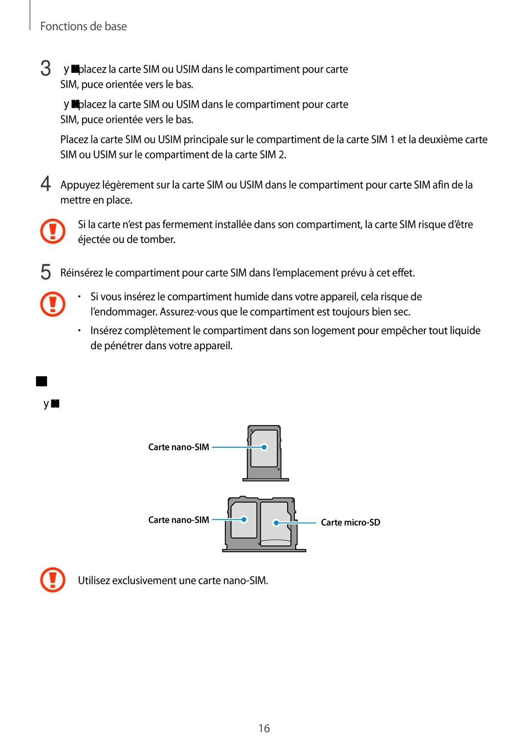 Samsung SM-J730FZKDXEF, SM-J730FZDDXEF, SM-J530FZDAXEF manual Installation correcte de la carte, Modèles à double carte SIM 