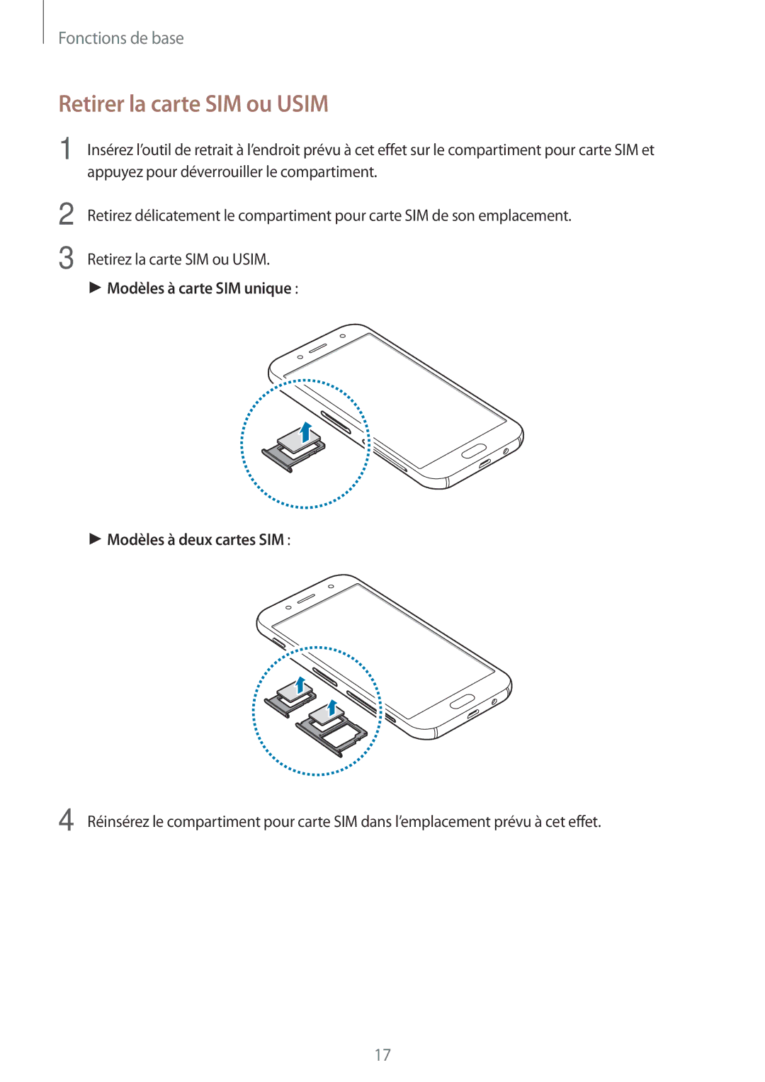 Samsung SM-J530FZKAXEF, SM-J730FZDDXEF Retirer la carte SIM ou Usim, Modèles à carte SIM unique Modèles à deux cartes SIM 