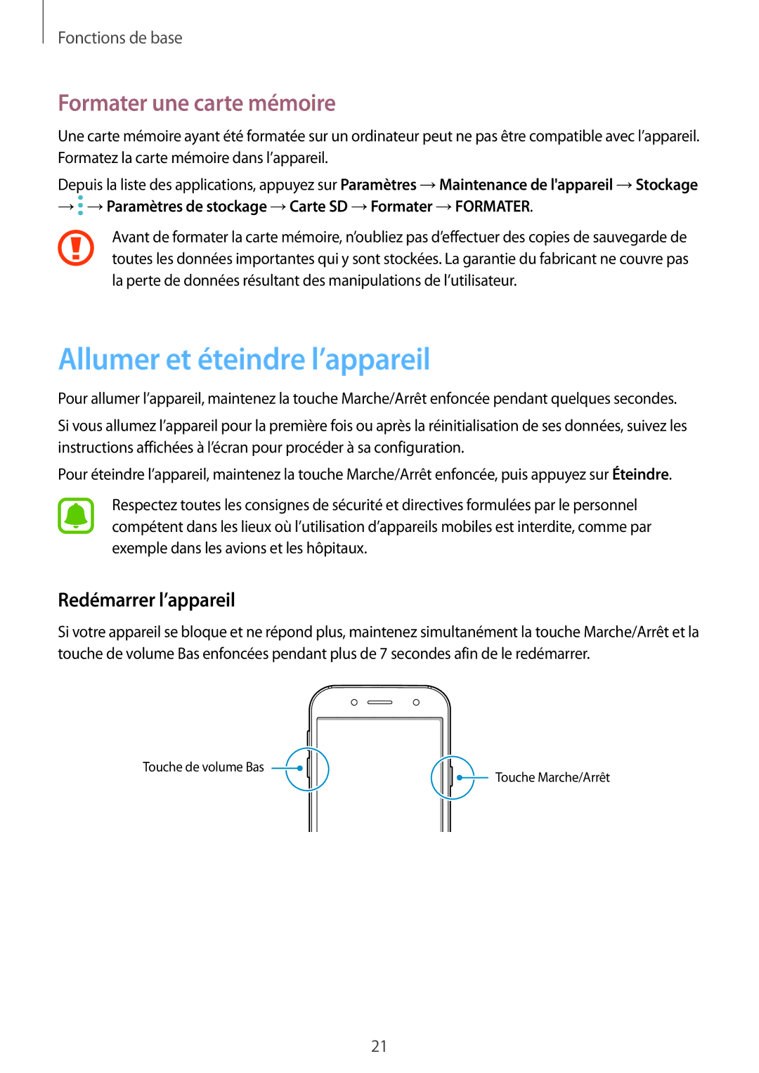 Samsung SM-J530FZSAXEF, SM-J730FZDDXEF Allumer et éteindre l’appareil, Formater une carte mémoire, Redémarrer l’appareil 