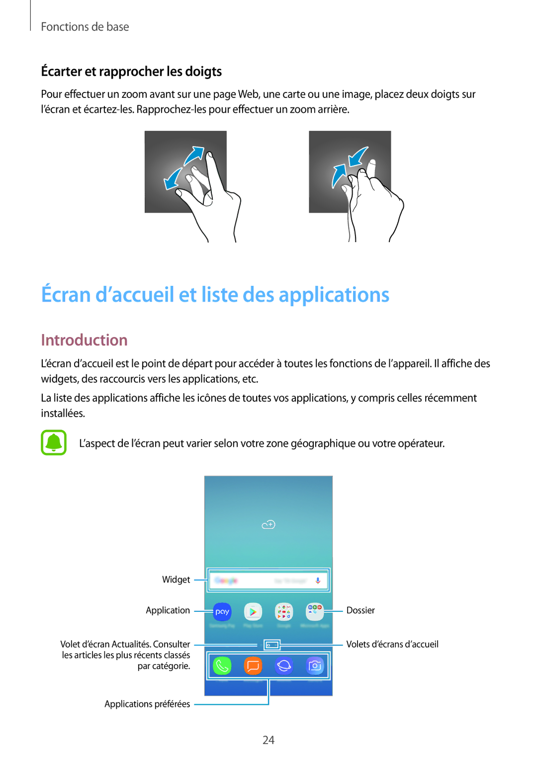 Samsung SM-J730FZDDXEF manual Écran d’accueil et liste des applications, Introduction, Écarter et rapprocher les doigts 