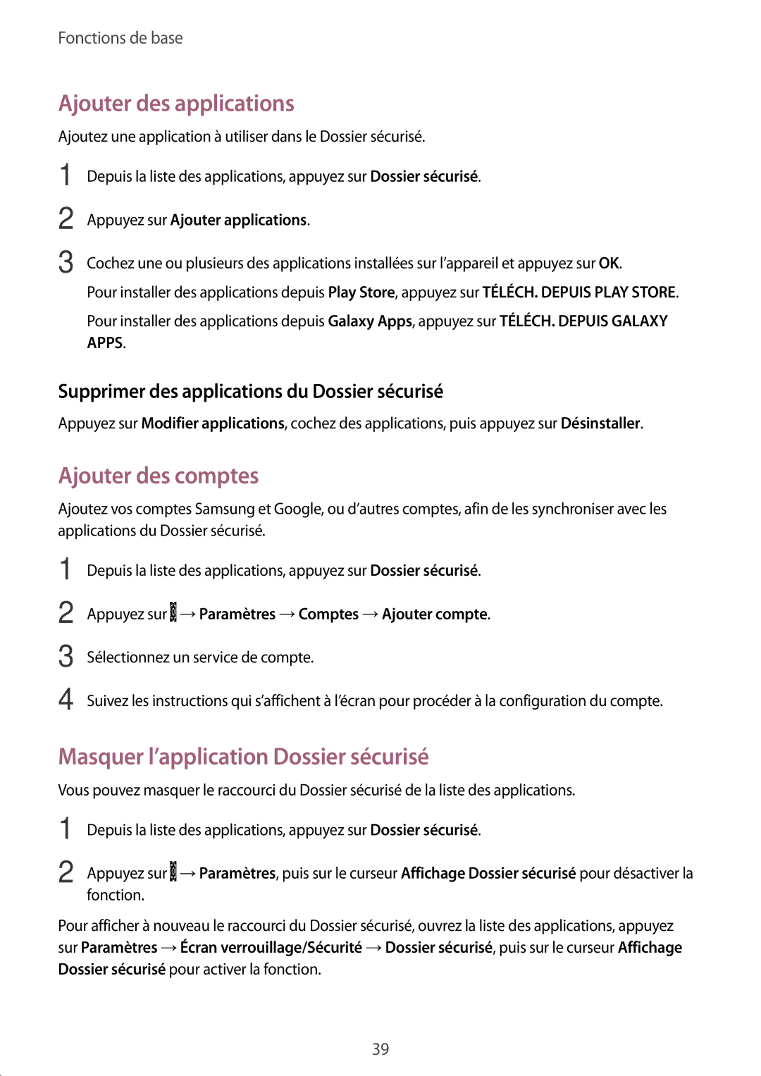 Samsung SM-J530FZSAXEF manual Ajouter des applications, Ajouter des comptes, Masquer l’application Dossier sécurisé 