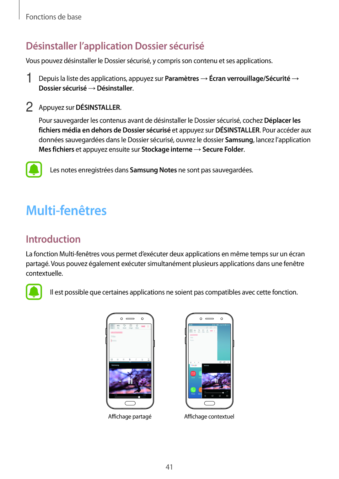 Samsung SM-J530FZKAXEF, SM-J730FZDDXEF, SM-J530FZDAXEF manual Multi-fenêtres, Désinstaller l’application Dossier sécurisé 