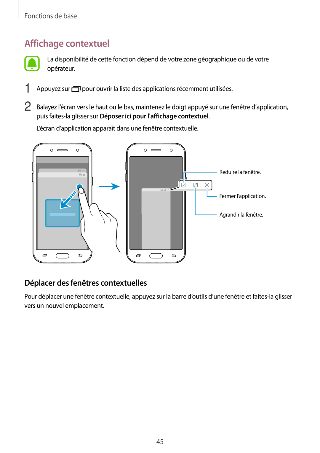 Samsung SM-J530FZSAXEF, SM-J730FZDDXEF, SM-J530FZDAXEF manual Affichage contextuel, Déplacer des fenêtres contextuelles 