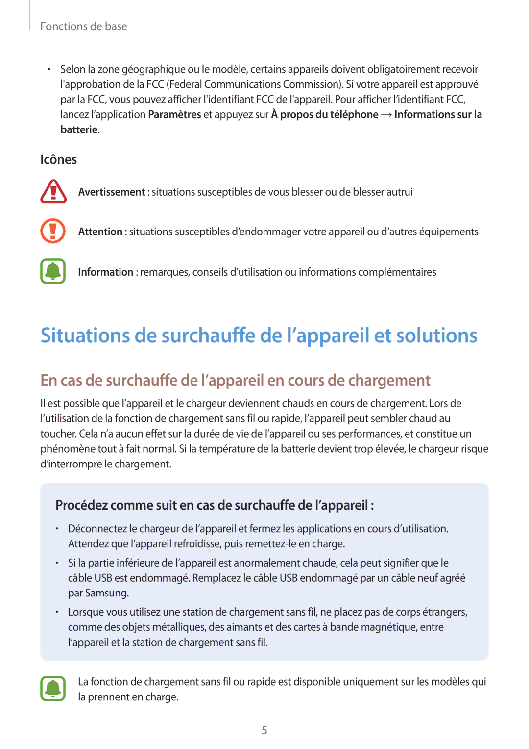 Samsung SM-J530FZKAXEF, SM-J730FZDDXEF, SM-J530FZDAXEF En cas de surchauffe de l’appareil en cours de chargement, Icônes 