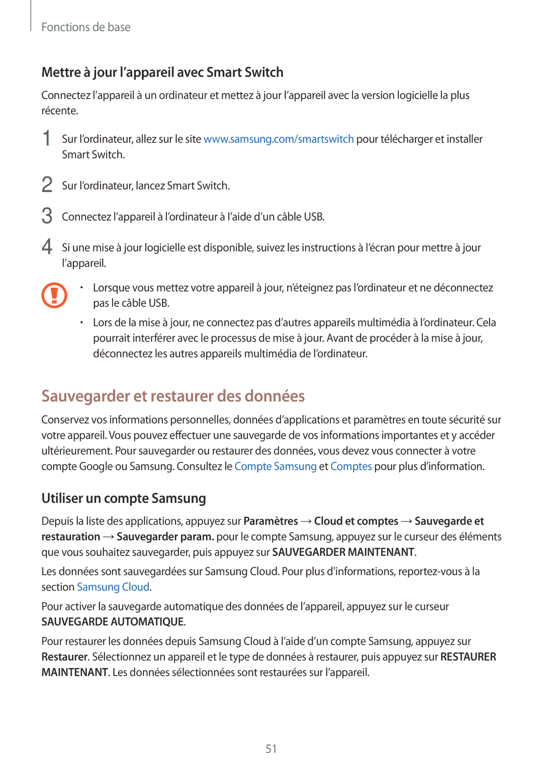 Samsung SM-J530FZSAXEF, SM-J730FZDDXEF Sauvegarder et restaurer des données, Mettre à jour l’appareil avec Smart Switch 