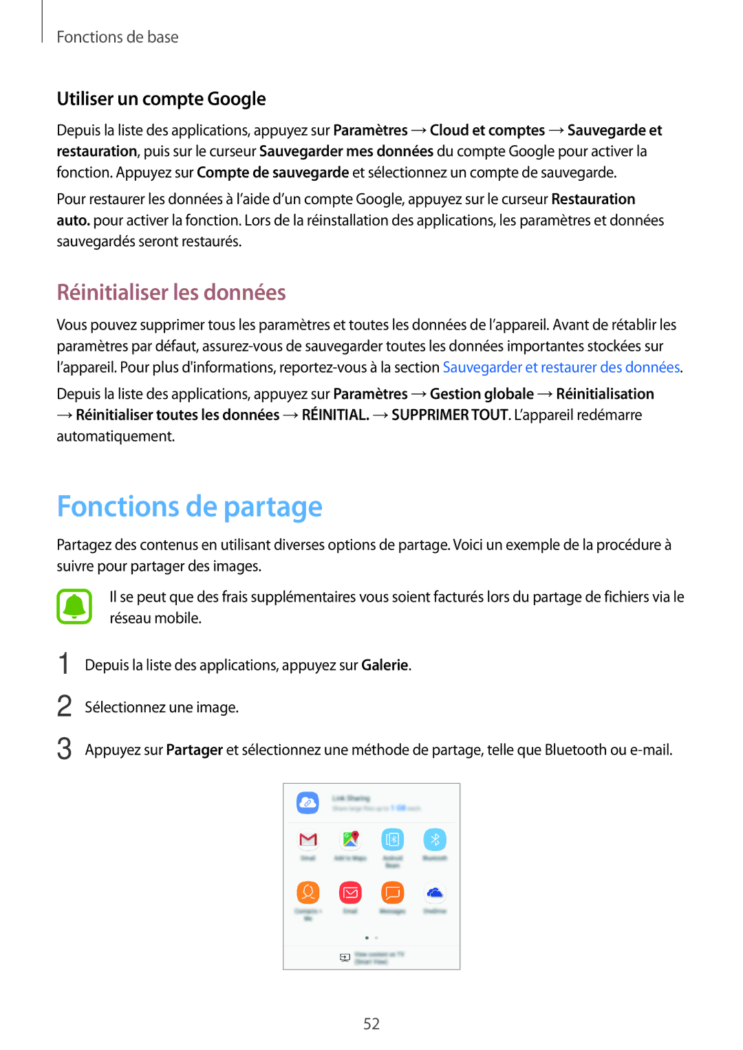 Samsung SM-J730FZKDXEF, SM-J730FZDDXEF manual Fonctions de partage, Réinitialiser les données, Utiliser un compte Google 