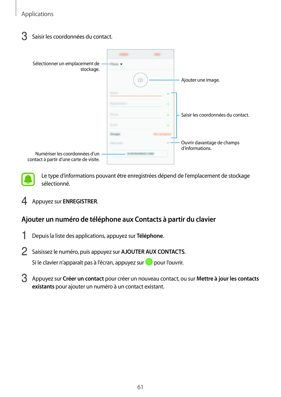 Samsung SM-J530FZDAXEF, SM-J730FZDDXEF, SM-J730FZSDXEF, SM-J530FZSAXEF, SM-J730FZKDXEF manual Saisir les coordonnées du contact 