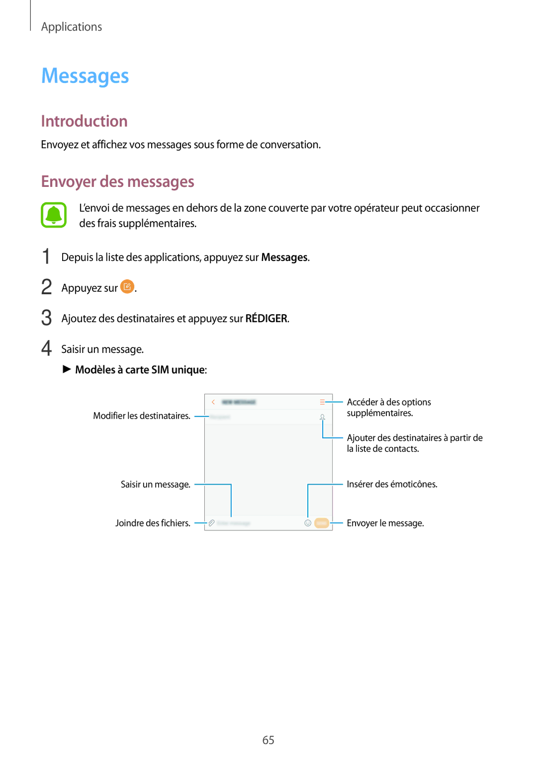 Samsung SM-J530FZKAXEF, SM-J730FZDDXEF, SM-J530FZDAXEF, SM-J730FZSDXEF, SM-J530FZSAXEF manual Messages, Envoyer des messages 