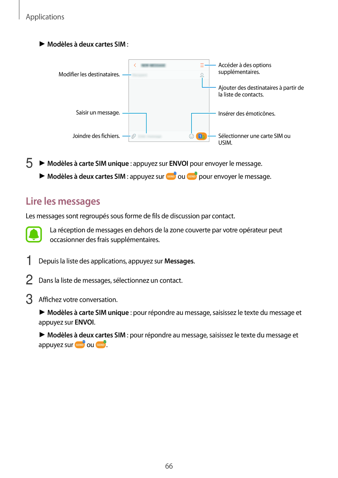 Samsung SM-J730FZDDXEF, SM-J530FZDAXEF, SM-J730FZSDXEF, SM-J530FZSAXEF manual Lire les messages, Modèles à deux cartes SIM 