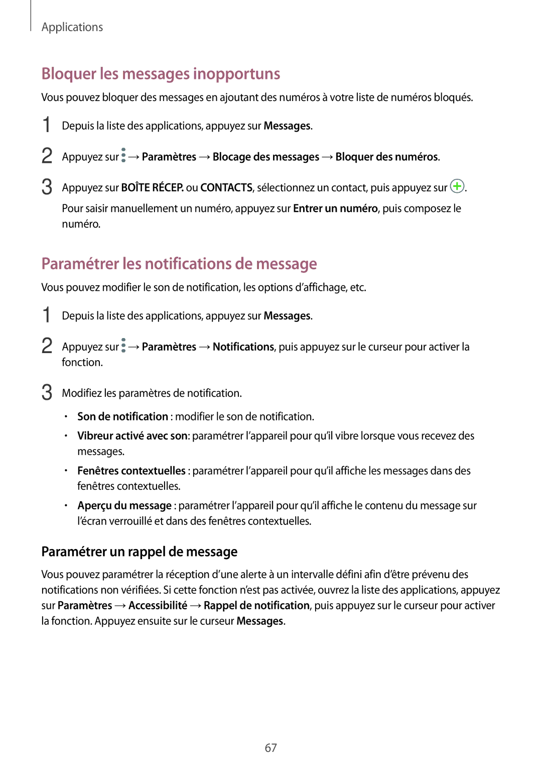 Samsung SM-J530FZDAXEF, SM-J730FZDDXEF manual Bloquer les messages inopportuns, Paramétrer les notifications de message 