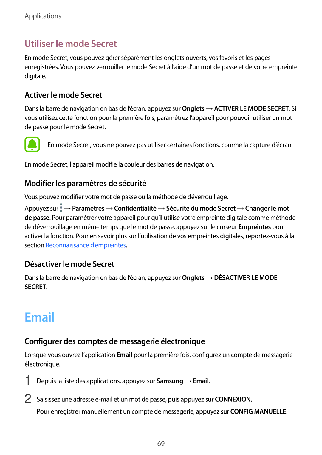 Samsung SM-J530FZSAXEF manual Utiliser le mode Secret, Activer le mode Secret, Modifier les paramètres de sécurité 
