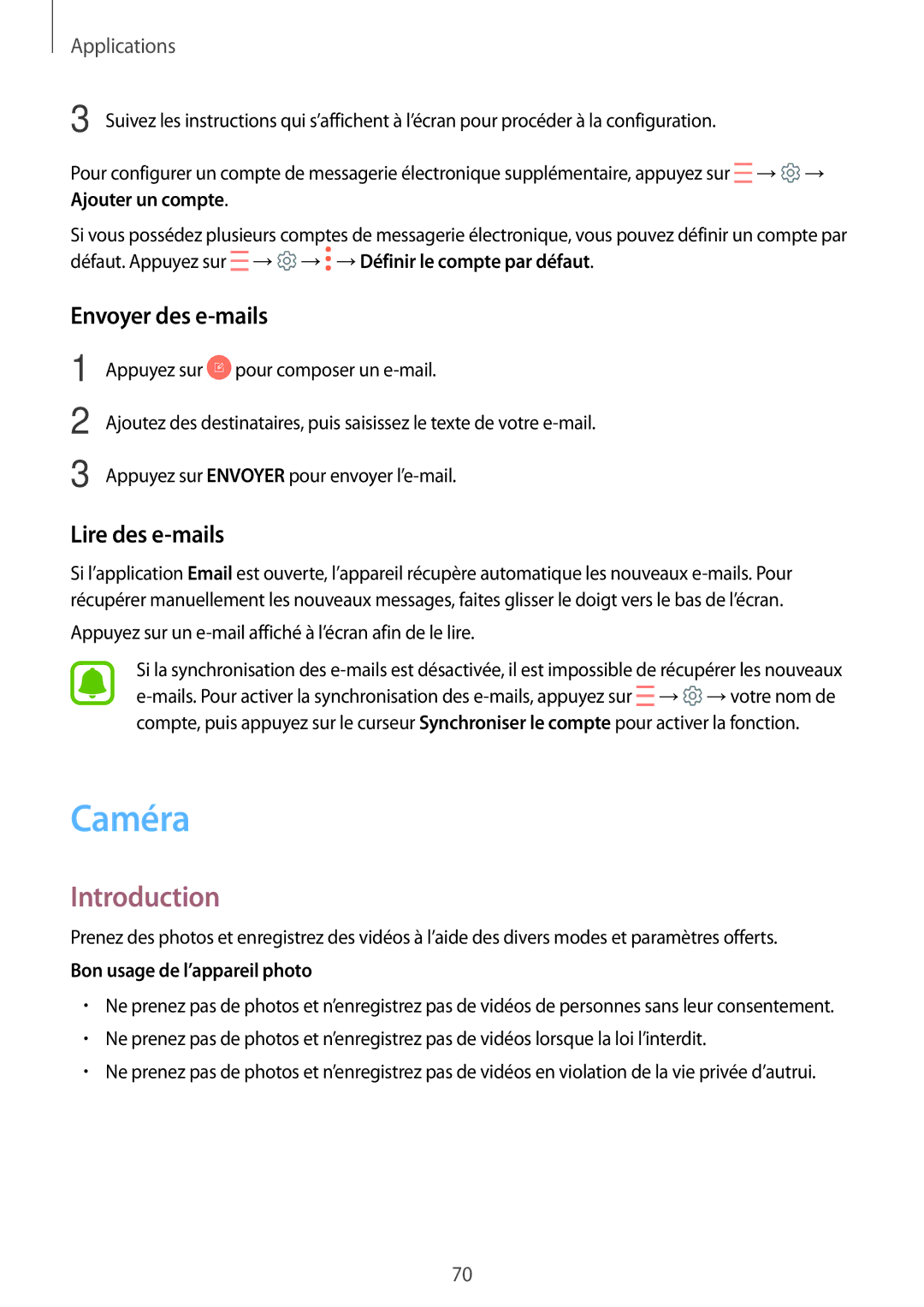 Samsung SM-J730FZKDXEF, SM-J730FZDDXEF manual Caméra, Envoyer des e-mails, Lire des e-mails, Bon usage de l’appareil photo 
