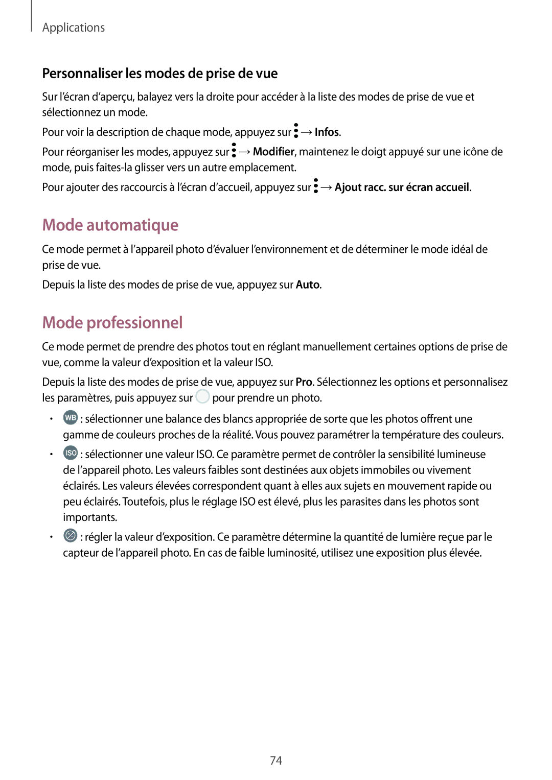 Samsung SM-J730FZSDXEF, SM-J730FZDDXEF manual Mode automatique, Mode professionnel, Personnaliser les modes de prise de vue 