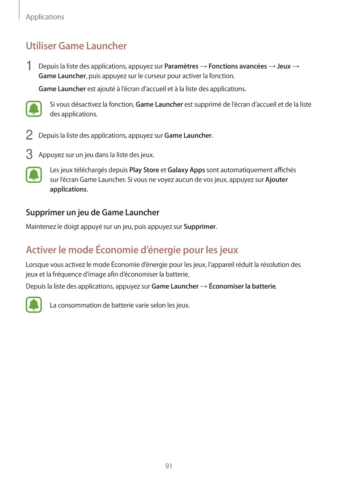 Samsung SM-J530FZDAXEF, SM-J730FZDDXEF manual Utiliser Game Launcher, Activer le mode Économie d’énergie pour les jeux 