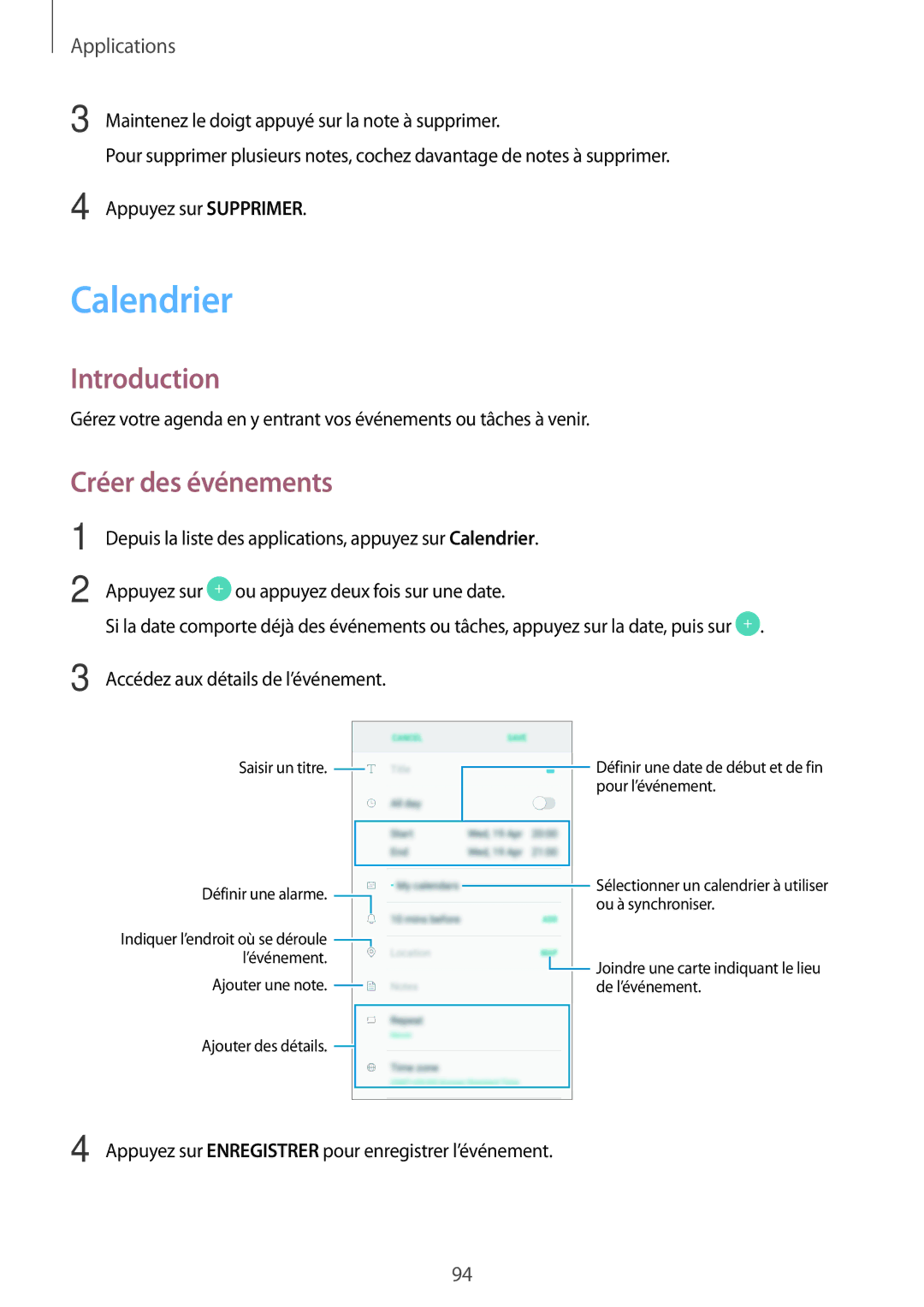 Samsung SM-J730FZKDXEF, SM-J730FZDDXEF, SM-J530FZDAXEF, SM-J730FZSDXEF, SM-J530FZSAXEF manual Calendrier, Créer des événements 