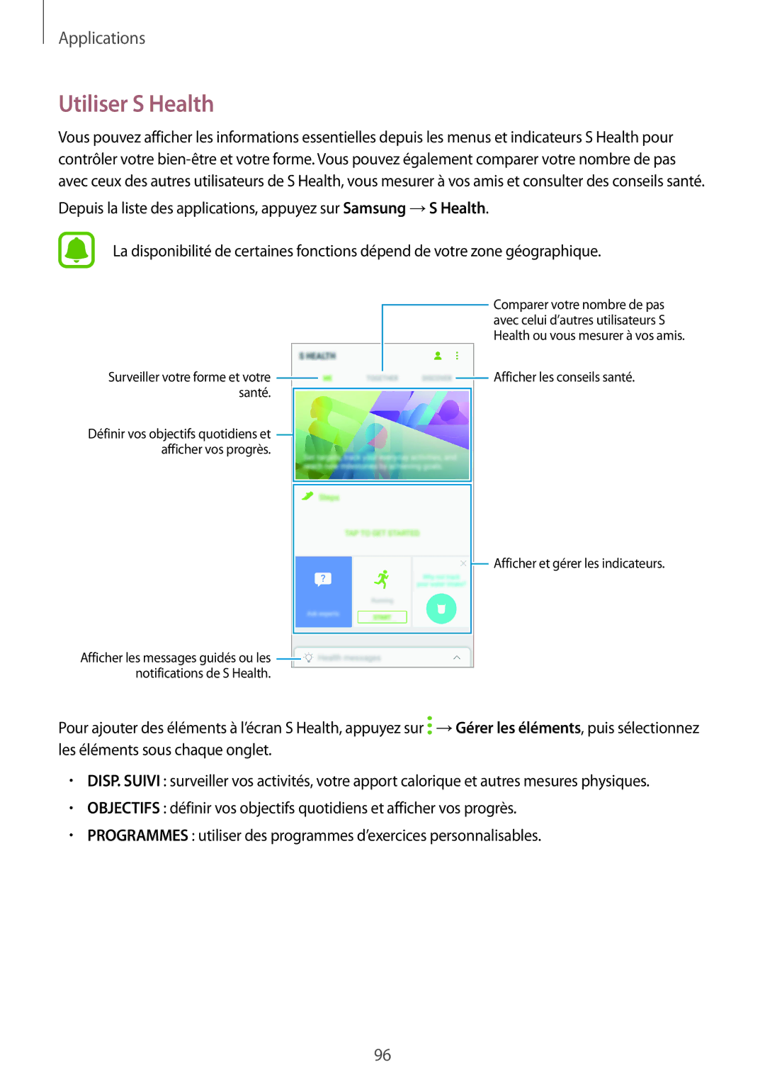 Samsung SM-J730FZDDXEF, SM-J530FZDAXEF, SM-J730FZSDXEF manual Utiliser S Health, Surveiller votre forme et votre santé 