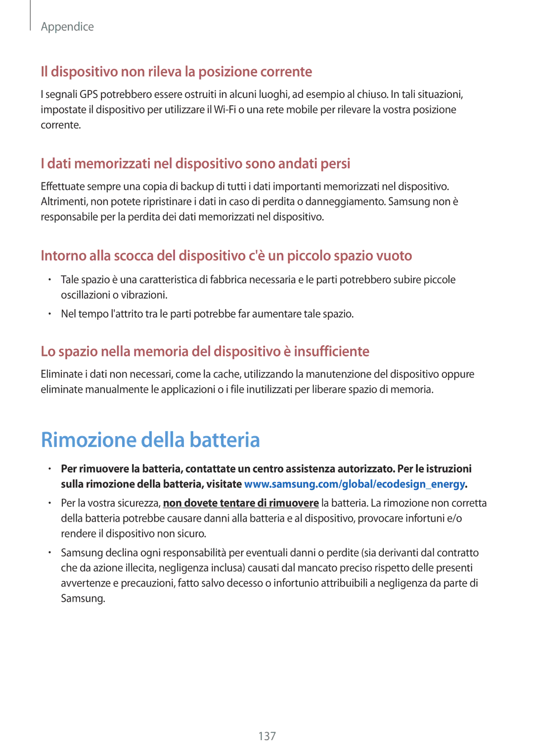 Samsung SM-J730FZSDITV, SM-J730FZDETUR manual Rimozione della batteria, Il dispositivo non rileva la posizione corrente 