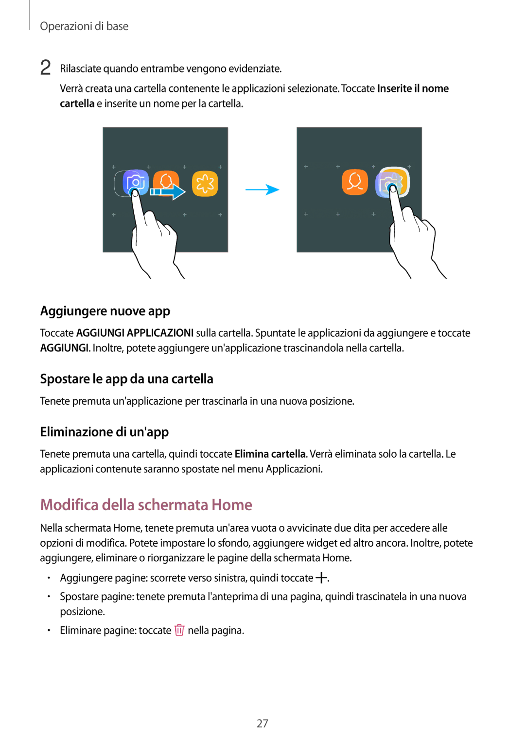 Samsung SM-J730FZSDITV manual Modifica della schermata Home, Aggiungere nuove app, Spostare le app da una cartella 
