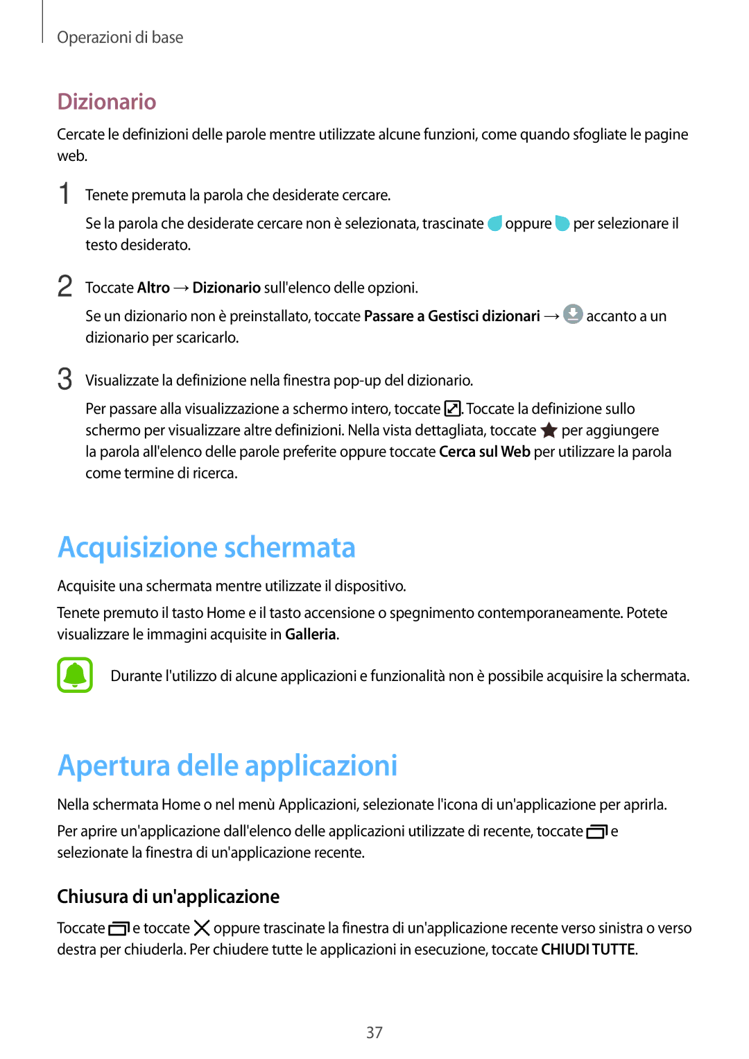 Samsung SM-J730FZKDITV manual Acquisizione schermata, Apertura delle applicazioni, Dizionario, Chiusura di unapplicazione 