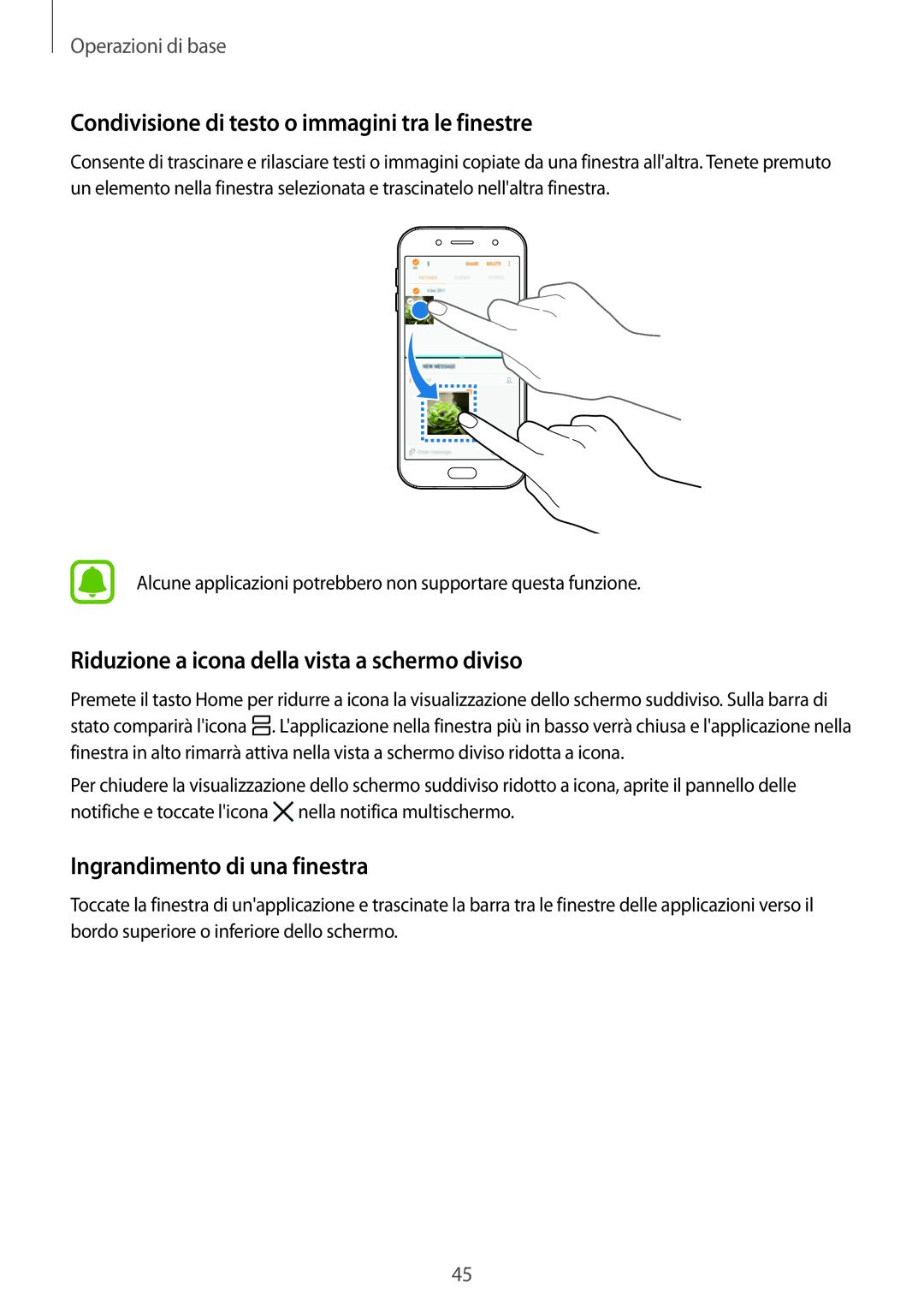 Samsung SM-J730FZSAITV Condivisione di testo o immagini tra le finestre, Riduzione a icona della vista a schermo diviso 