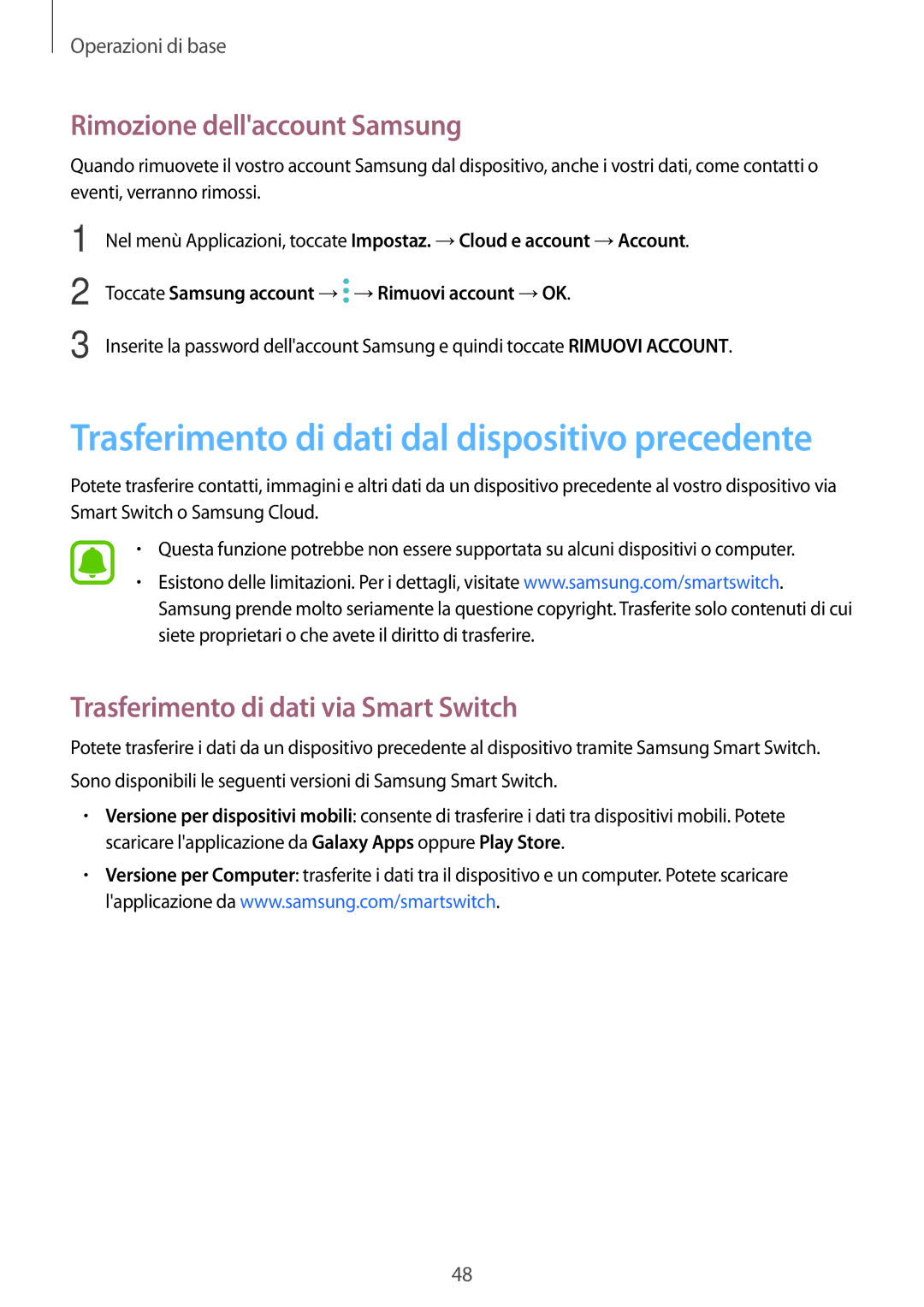 Samsung SM-J730FZKDITV, SM-J730FZDETUR manual Rimozione dellaccount Samsung, Trasferimento di dati via Smart Switch 