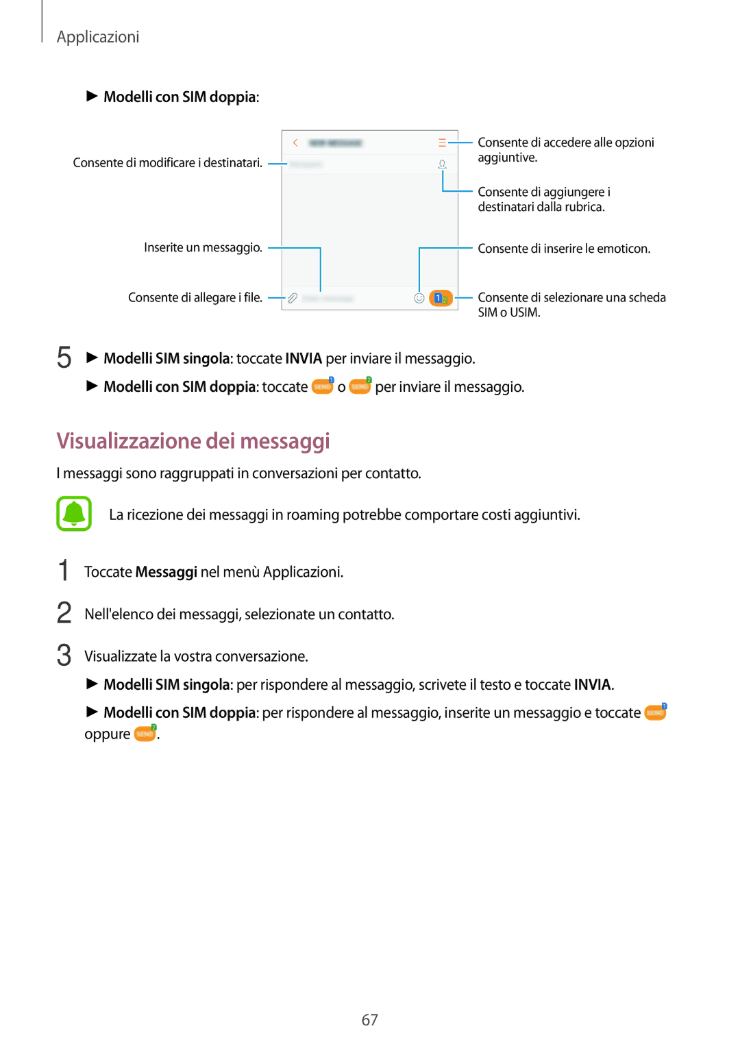 Samsung SM-J730FZSAITV, SM-J730FZDETUR, SM-J730FZKATUR, SM-J730FZDDITV Visualizzazione dei messaggi, Modelli con SIM doppia 