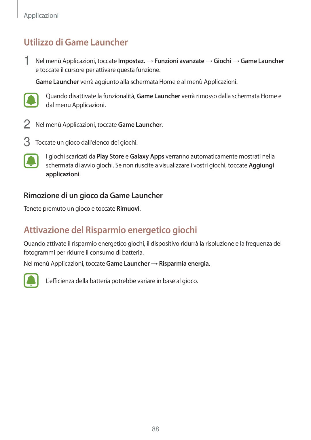 Samsung SM-J730FZDETUR, SM-J730FZSAITV manual Utilizzo di Game Launcher, Attivazione del Risparmio energetico giochi 