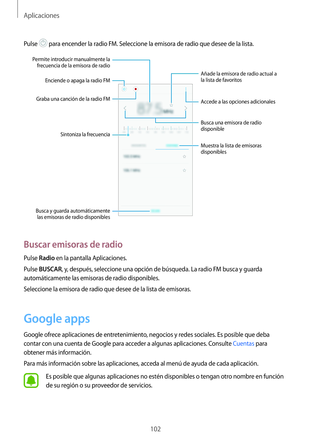 Samsung SM-J730FZDDPHE, SM-J730FZKAATL, SM-J730FZSDPHE, SM-J730FZKDPHE manual Google apps, Buscar emisoras de radio 