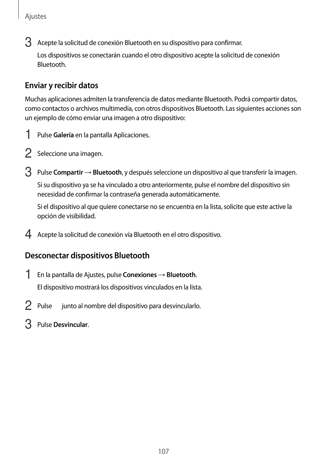 Samsung SM-J730FZKDPHE, SM-J730FZKAATL manual Enviar y recibir datos, Desconectar dispositivos Bluetooth, Pulse Desvincular 