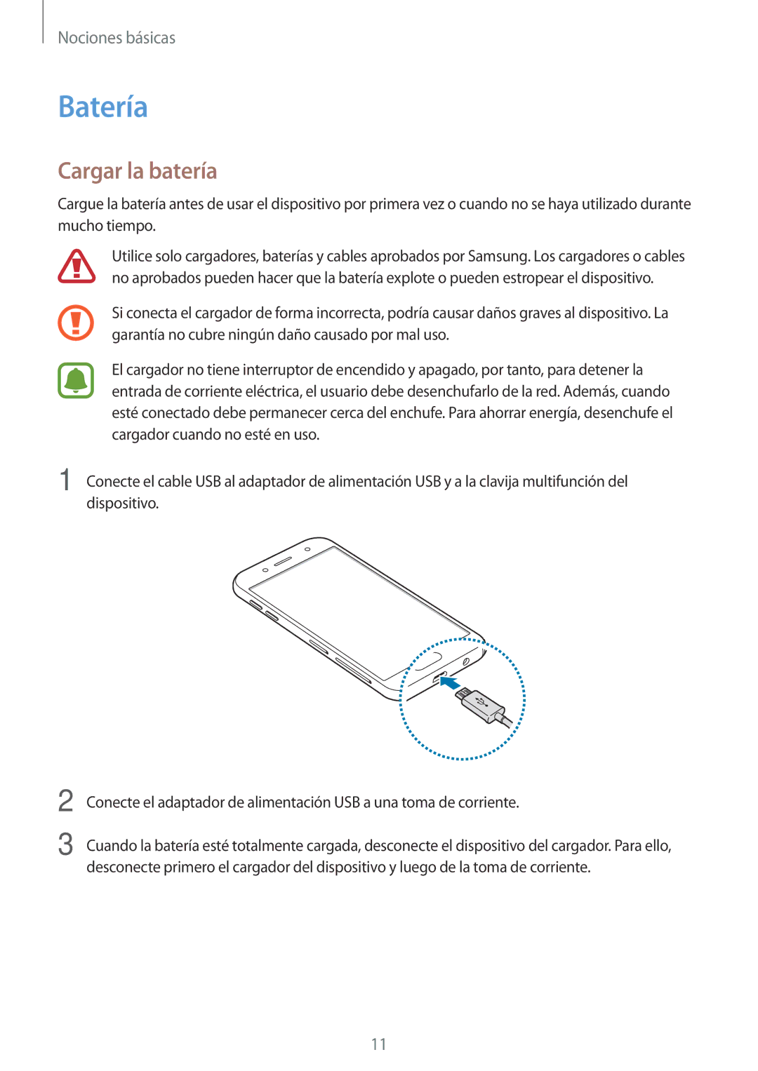 Samsung SM-J730FZKDPHE, SM-J730FZKAATL, SM-J730FZSDPHE, SM-J730FZDDPHE manual Batería, Cargar la batería 