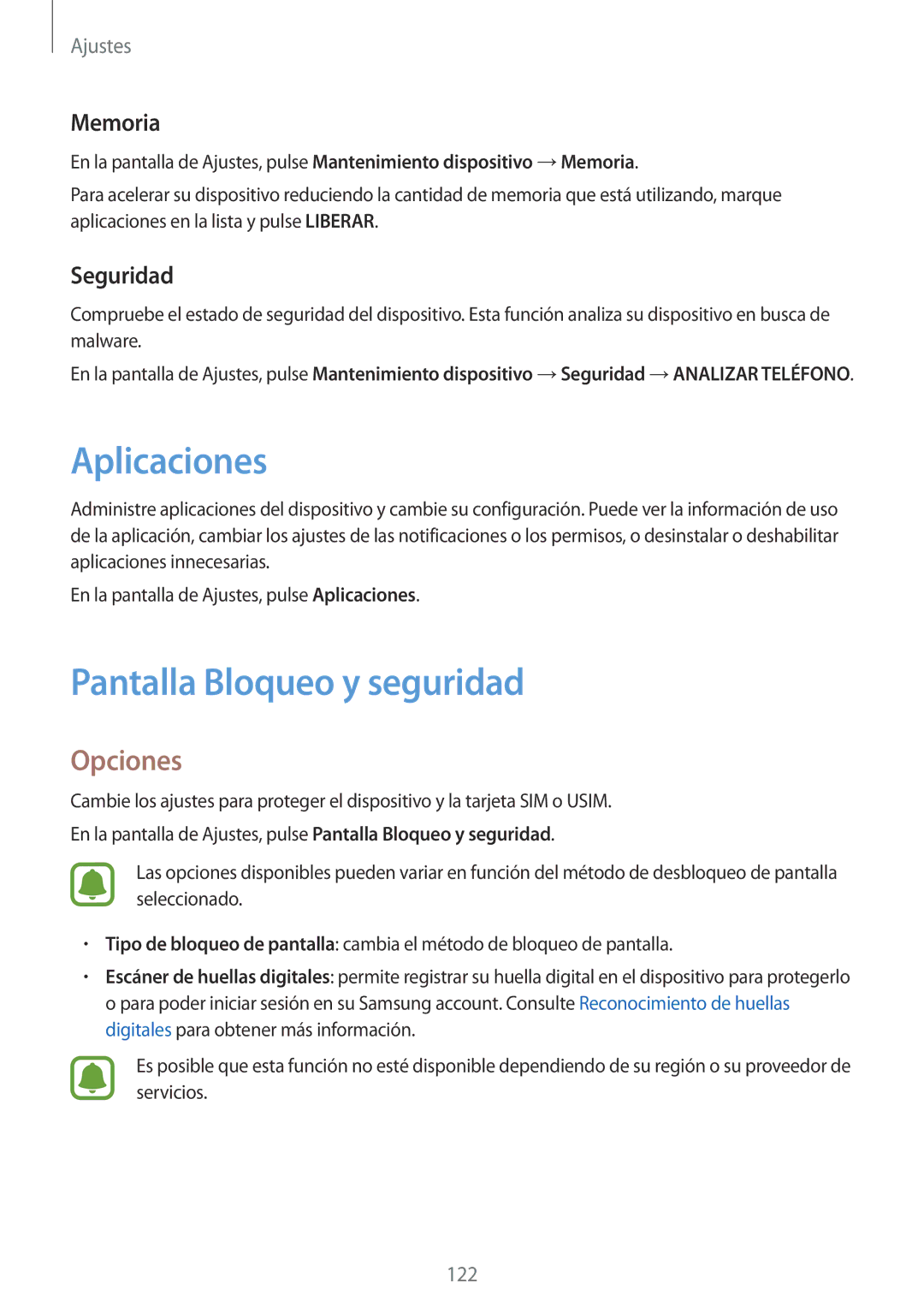 Samsung SM-J730FZDDPHE, SM-J730FZKAATL, SM-J730FZSDPHE manual Aplicaciones, Pantalla Bloqueo y seguridad, Memoria, Seguridad 