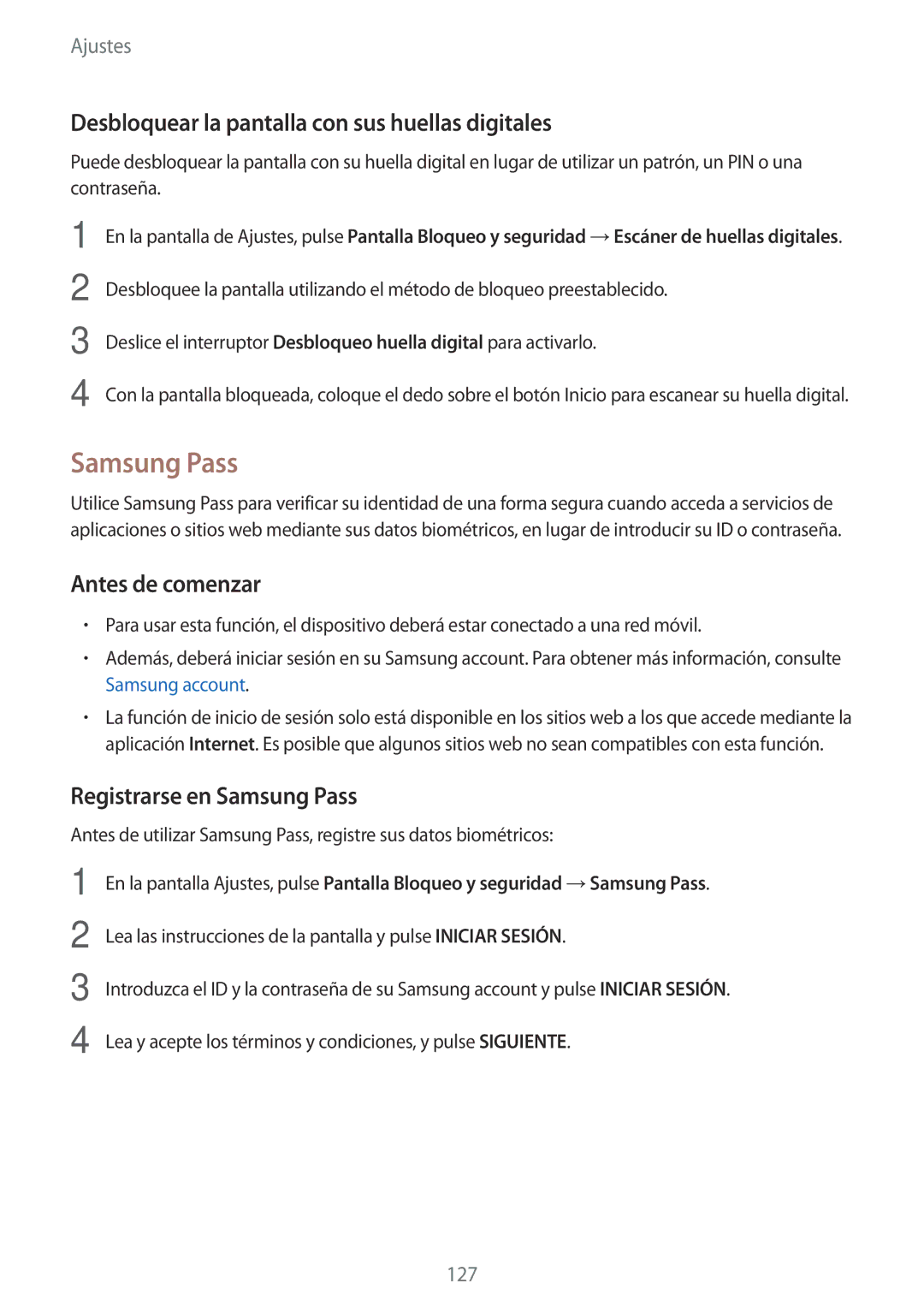 Samsung SM-J730FZKDPHE, SM-J730FZKAATL Desbloquear la pantalla con sus huellas digitales, Registrarse en Samsung Pass 