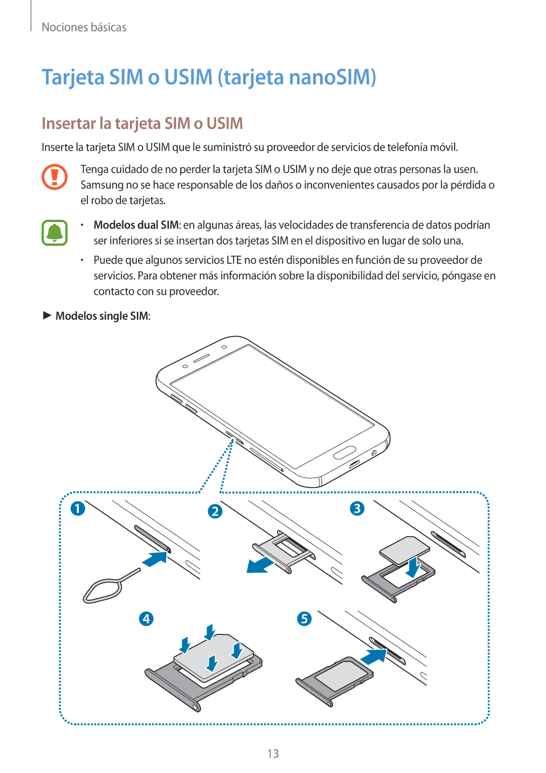 Samsung SM-J730FZSDPHE manual Tarjeta SIM o Usim tarjeta nanoSIM, Insertar la tarjeta SIM o Usim, Modelos single SIM 