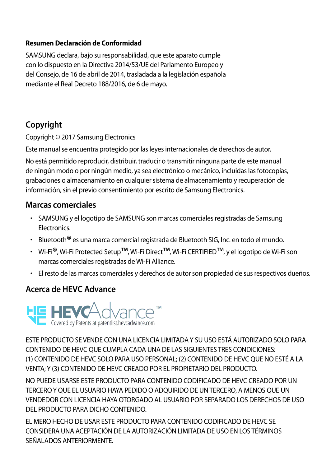 Samsung SM-J730FZSDPHE manual Copyright, Marcas comerciales, Acerca de Hevc Advance, Resumen Declaración de Conformidad 